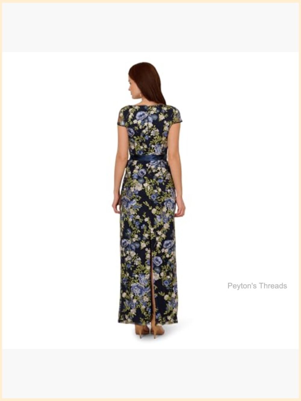 Embroidered Floral Maxi Column Gown Square Neck Cap Sleeve Formal - Picture 2 of 5